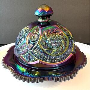 L.E. Smith Carnival Glass Covered Butter Dish Aztec Sunburst Hobstar Pinwheel